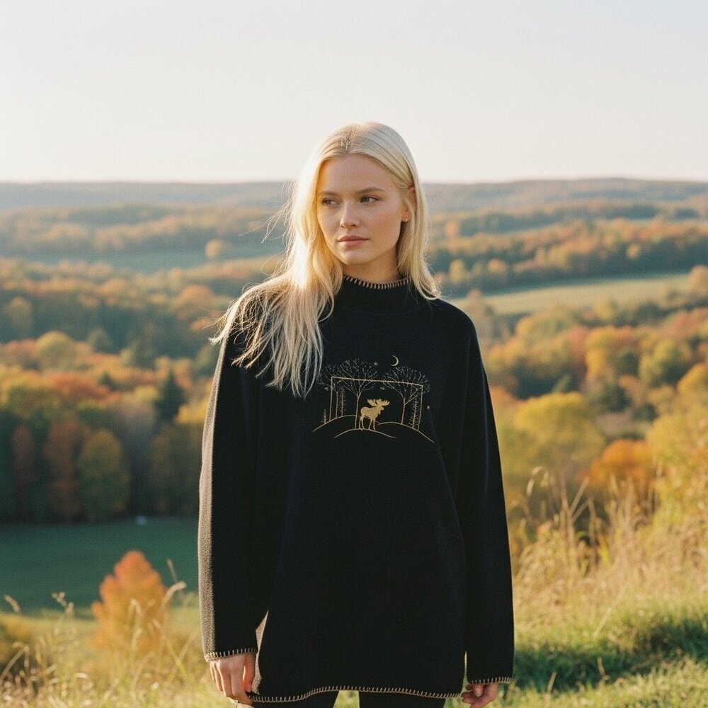 Coldwater Creek Black Embroidered Moose & Moon Fleece Pullover Top Size Large